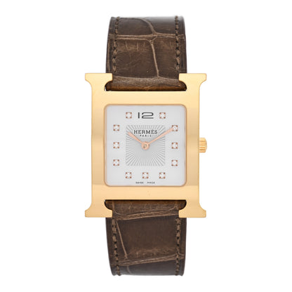 Hermes Stainless Steel Alligator Diamond Mother of Pearl 21mm Heure H Hour Quartz Watch Gris Elephant 1 of 5