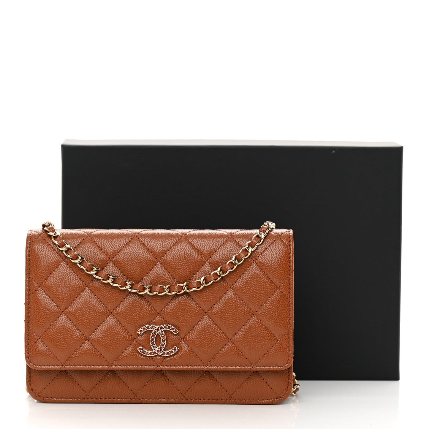Shiny Caviar Quilted Strass Wallet On Chain WOC Light Brown