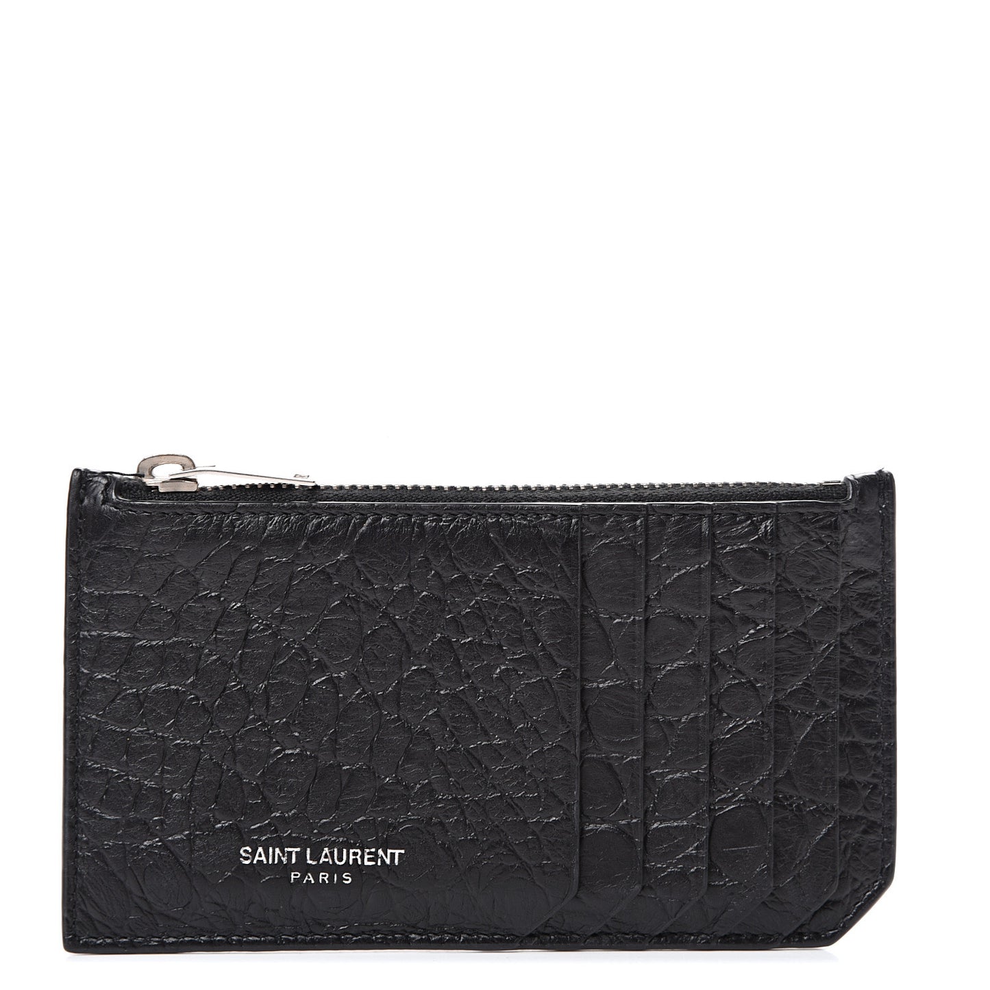 Calfskin Crocodile Embossed 5 Fragments Zip Card Case Black