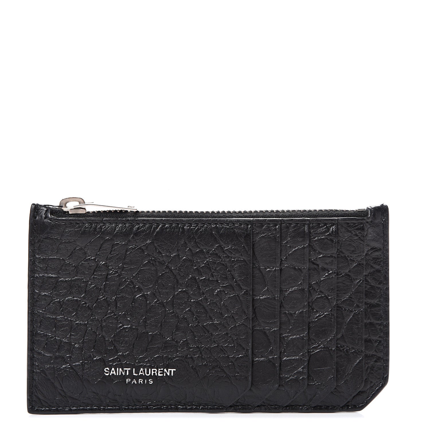 Saint Laurent Calfskin Crocodile Embossed 5 Fragments Zip Card Case Black 1 of 7