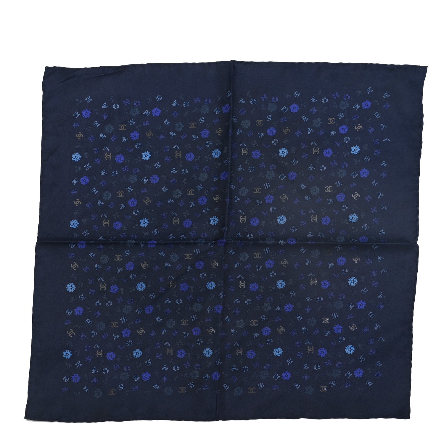 Chanel Silk Camellia CC Logo Square Scarf Blue 1 of 3