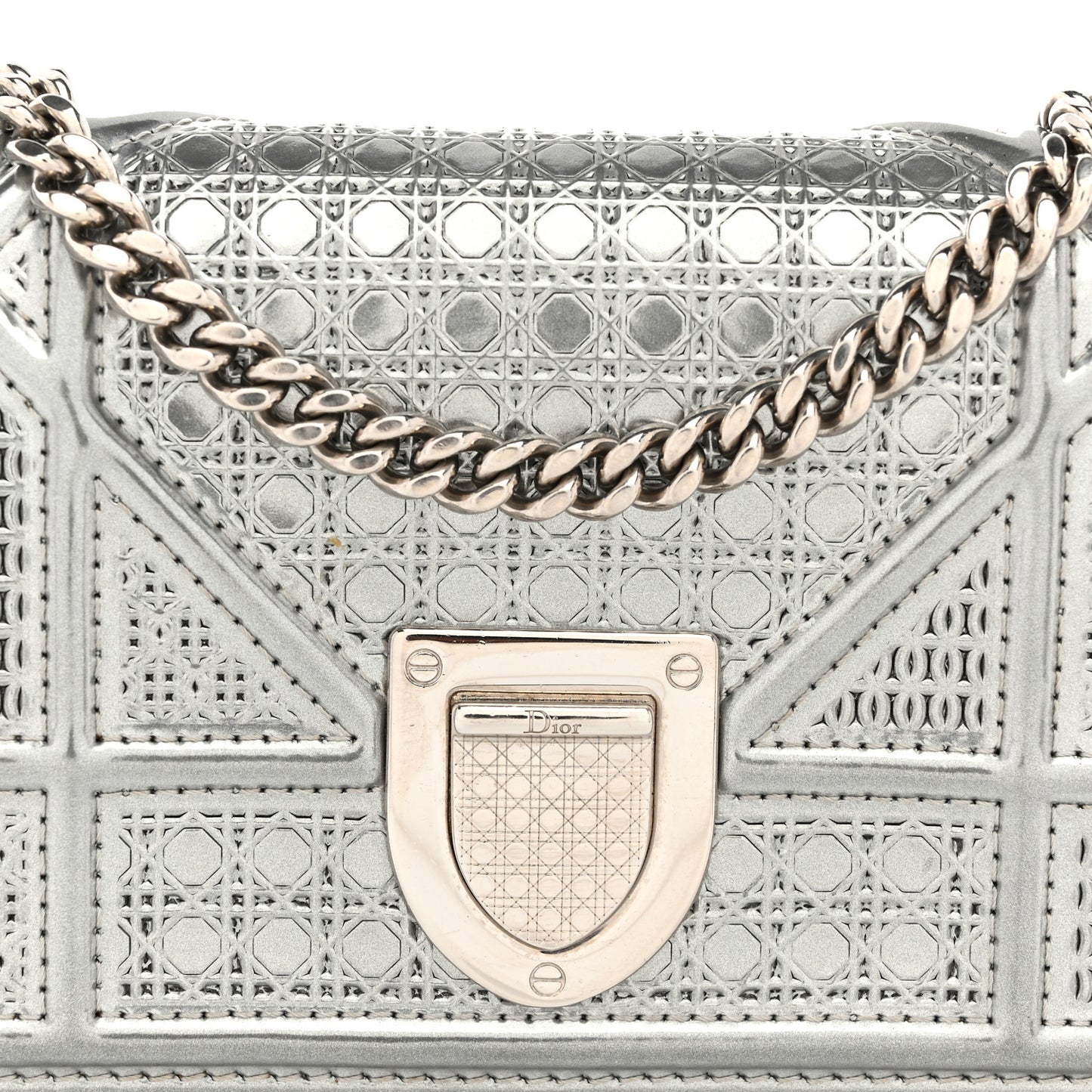 Metallic Patent Micro-Cannage Baby Diorama Flap Bag Silver