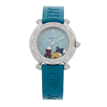 Chopard Stainless Steel Rubber Diamond Bezel Ruby Yellow Blue Sapphire 32mm Happy Sport Fish Quartz Watch Blue 1 of 4