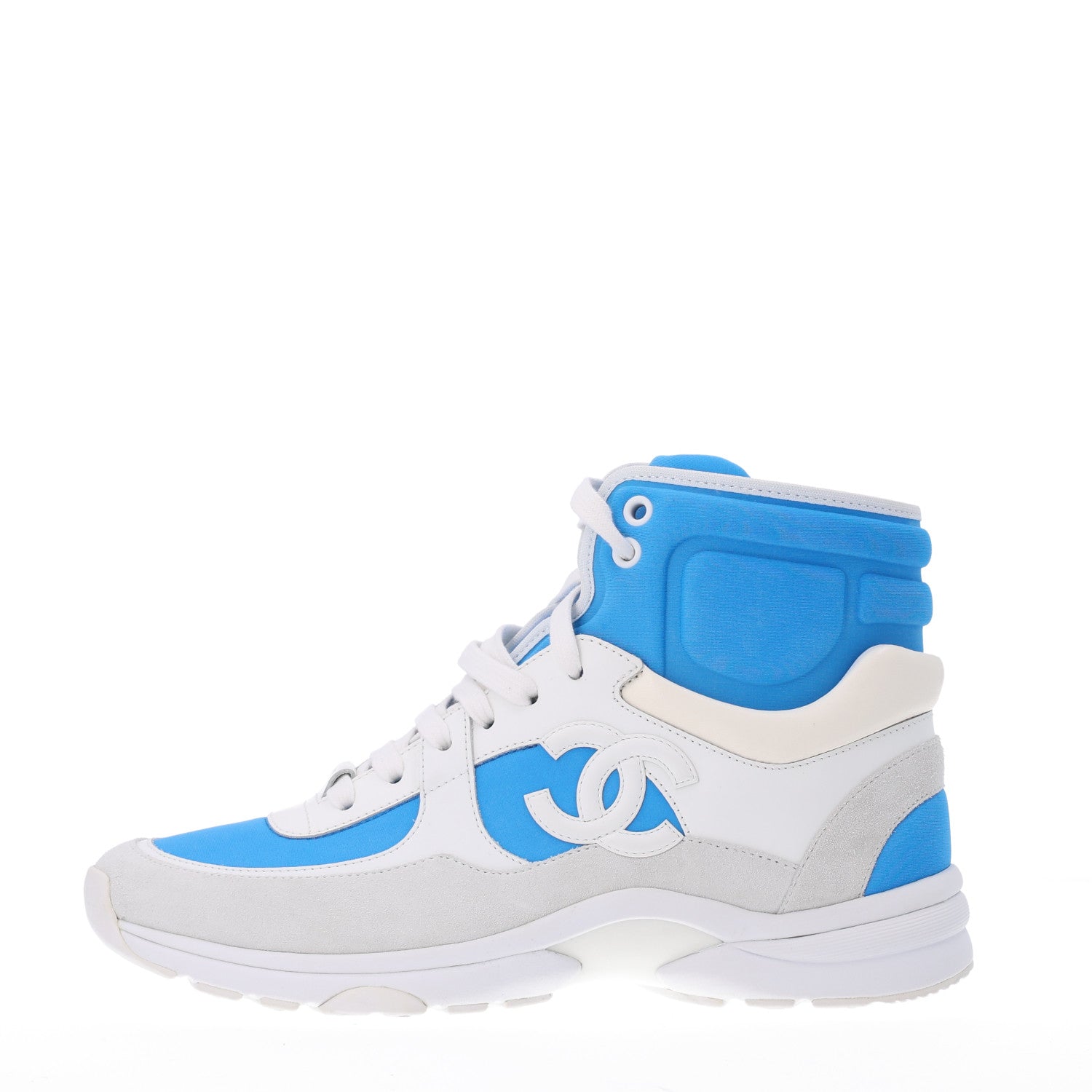 Chanel Suede Calfskin Lambskin High Top CC Sneakers 37.5 White Blue 1 of 11