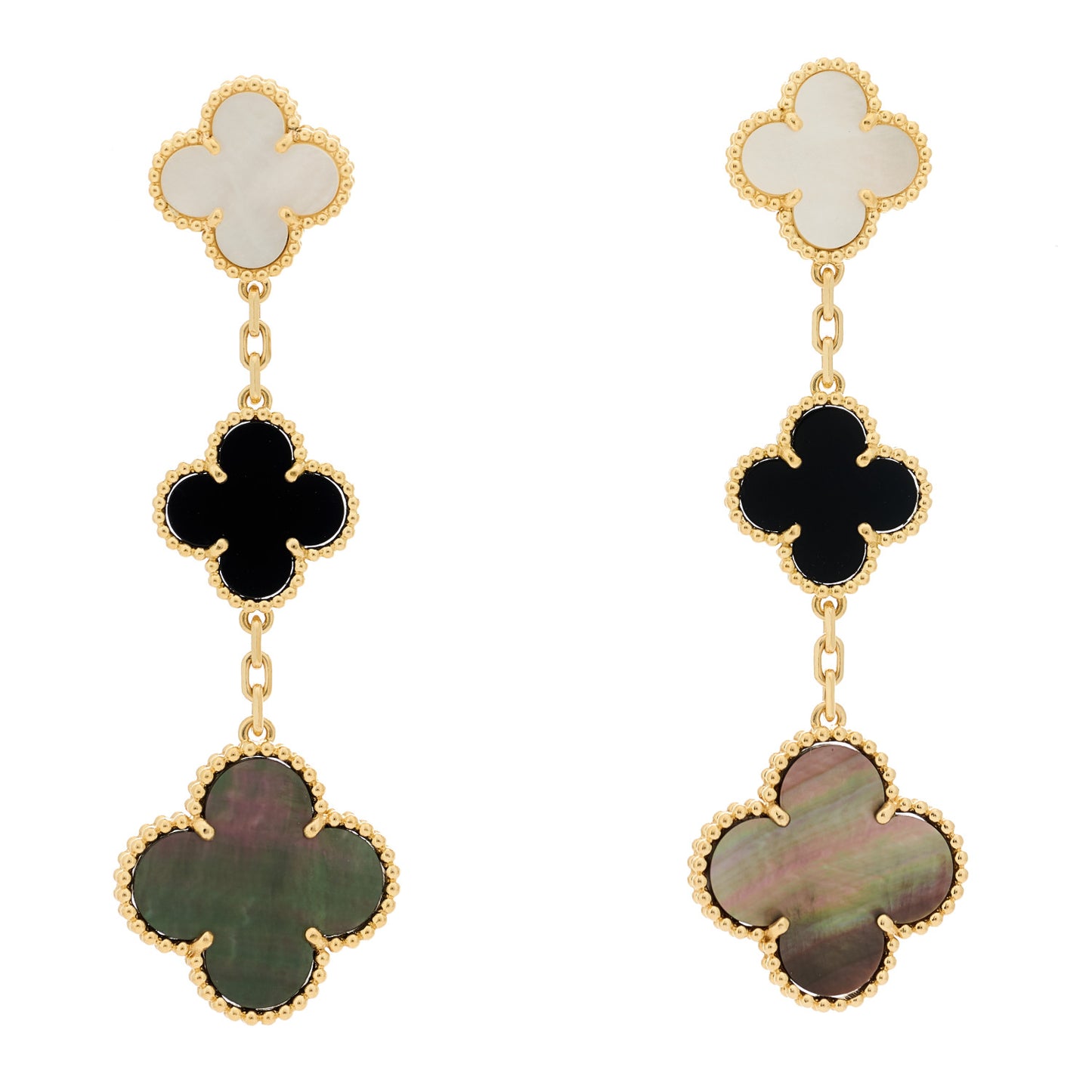 18K Yellow Gold Mother of Pearl Black Onyx 3 Motifs Magic Alhambra Earrings