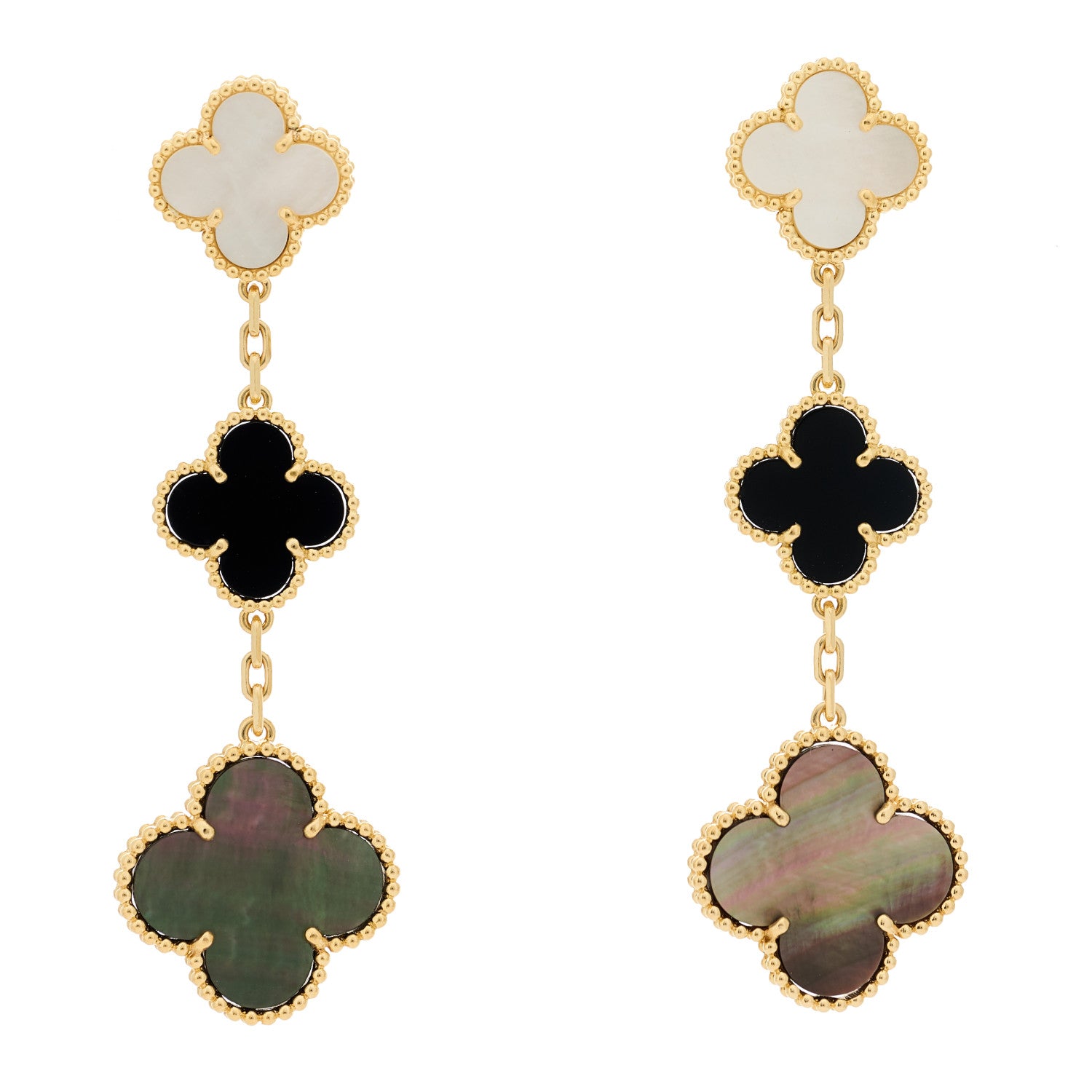 Van Cleef & Arpels 18K Yellow Gold Mother of Pearl Black Onyx 3 Motifs Magic Alhambra Earrings 1 of 5