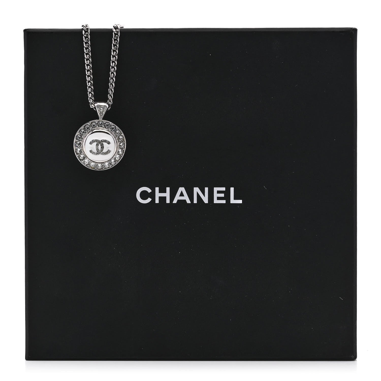 Chanel Crystal Enamel CC Pendant Necklace Silver White 6 of 6