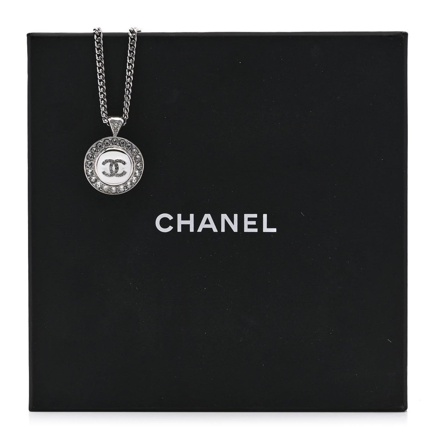 Crystal Enamel CC Pendant Necklace Silver White