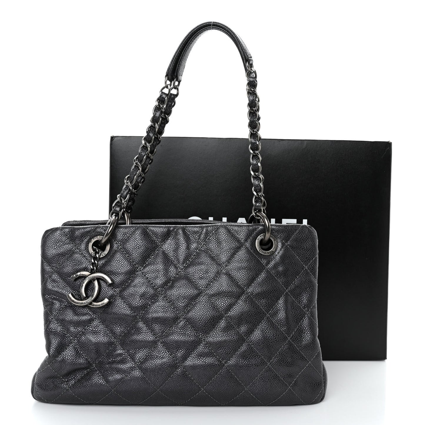 Iridescent Caviar Quilted Chic Shopping Tote Silver