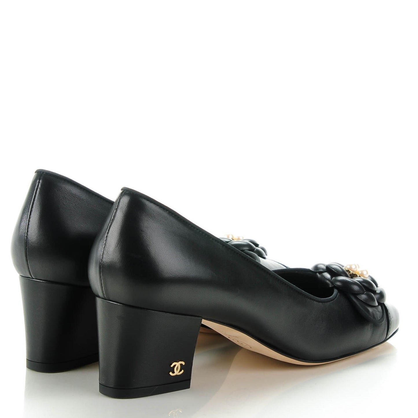 Lambskin Patent Calfskin Pearl Camellia Cap Toe Pumps 37.5 Black