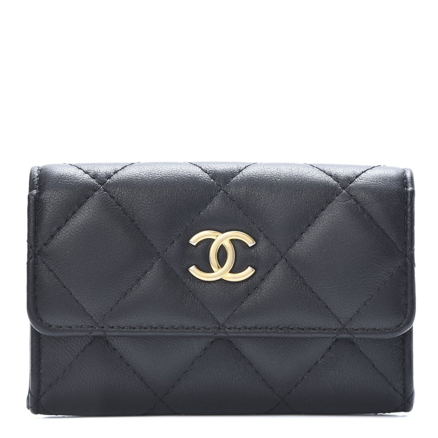 Lambskin Quilted Flap Card Holder Black