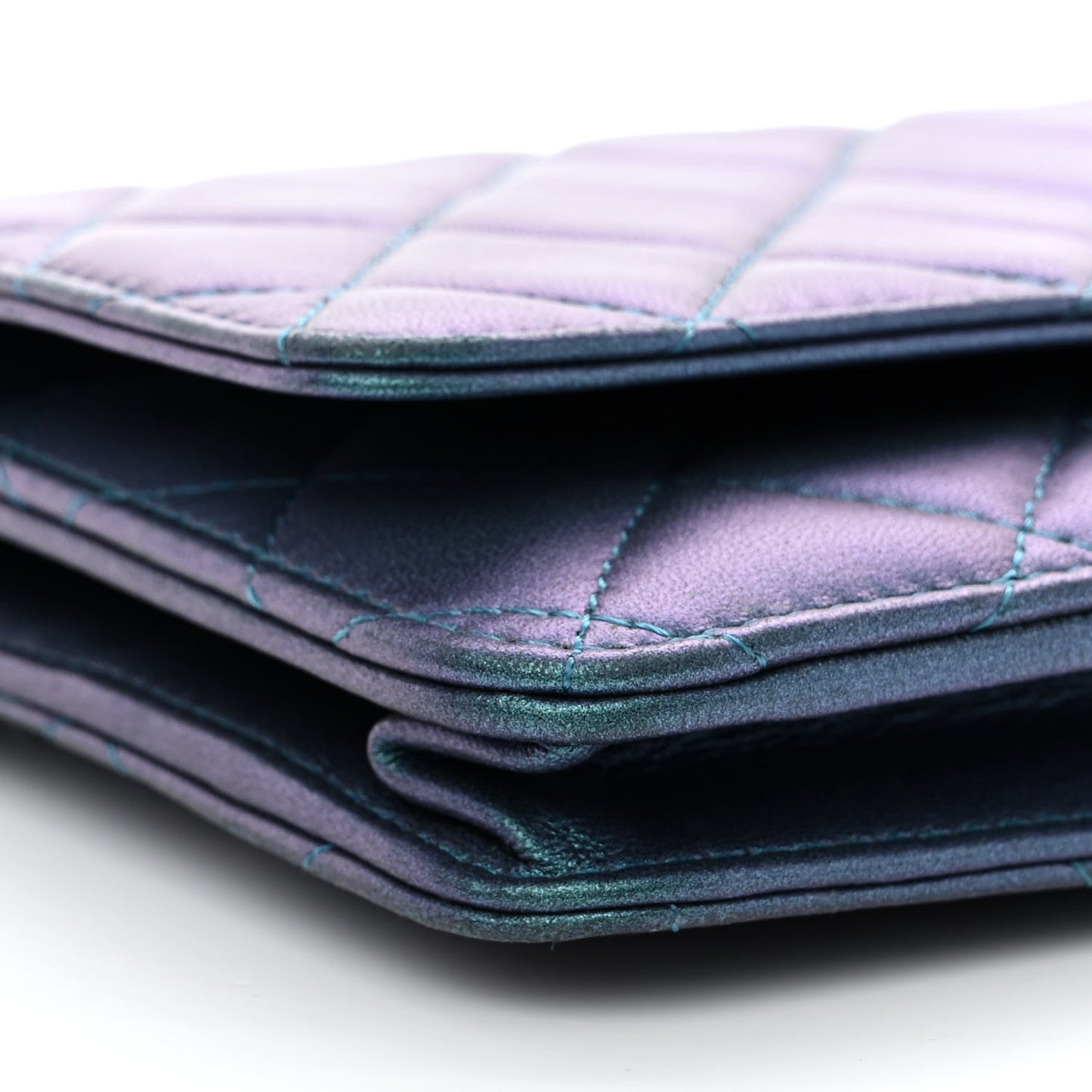 Iridescent Lambskin Quilted Wallet On Chain WOC Turquoise