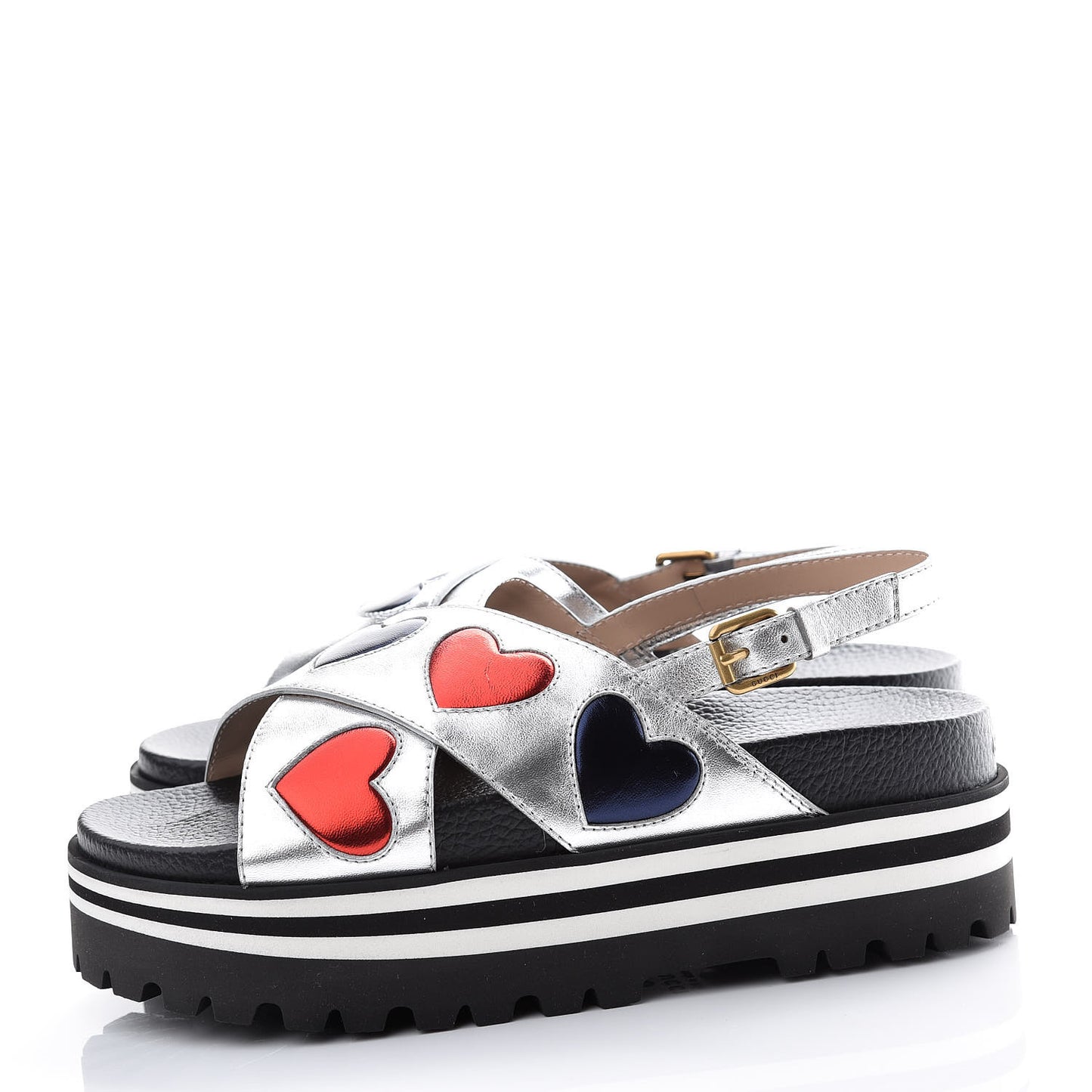 Metallic Nappa Silk Sunrise Heart Crossover Platform Lug Sole Sandals 38 Argento