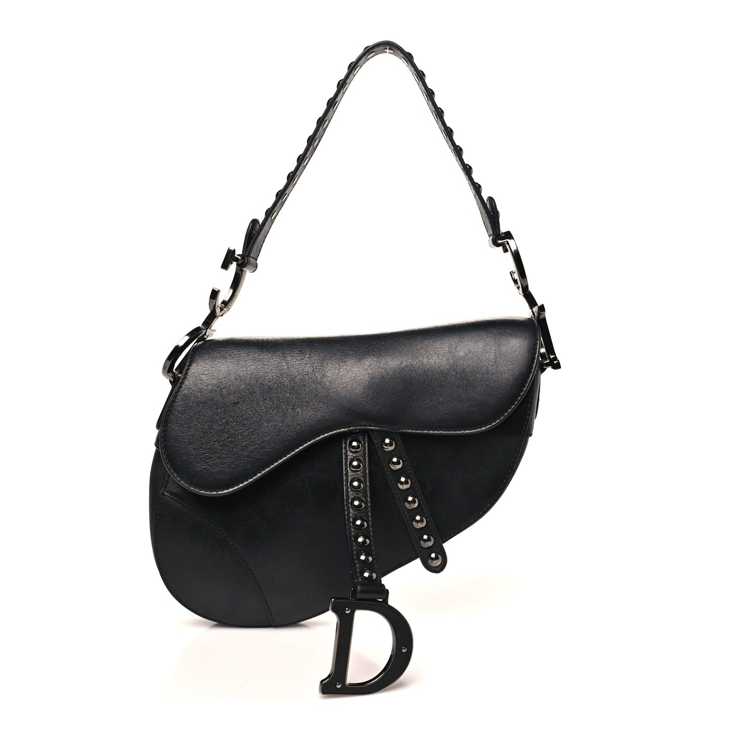 Shiny Crinkled Calfskin Studded Saddle Bag Black