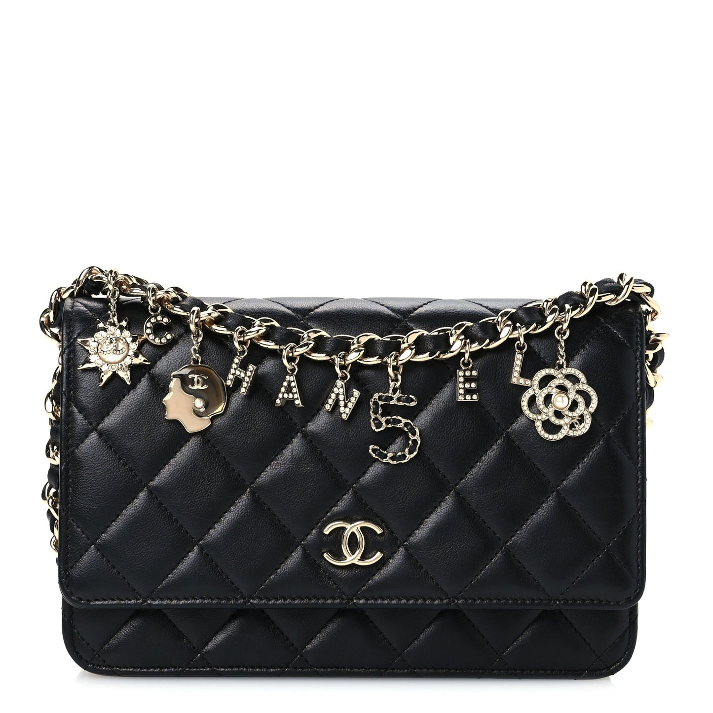 Lambskin Quilted Coco Charms Wallet On Chain Black