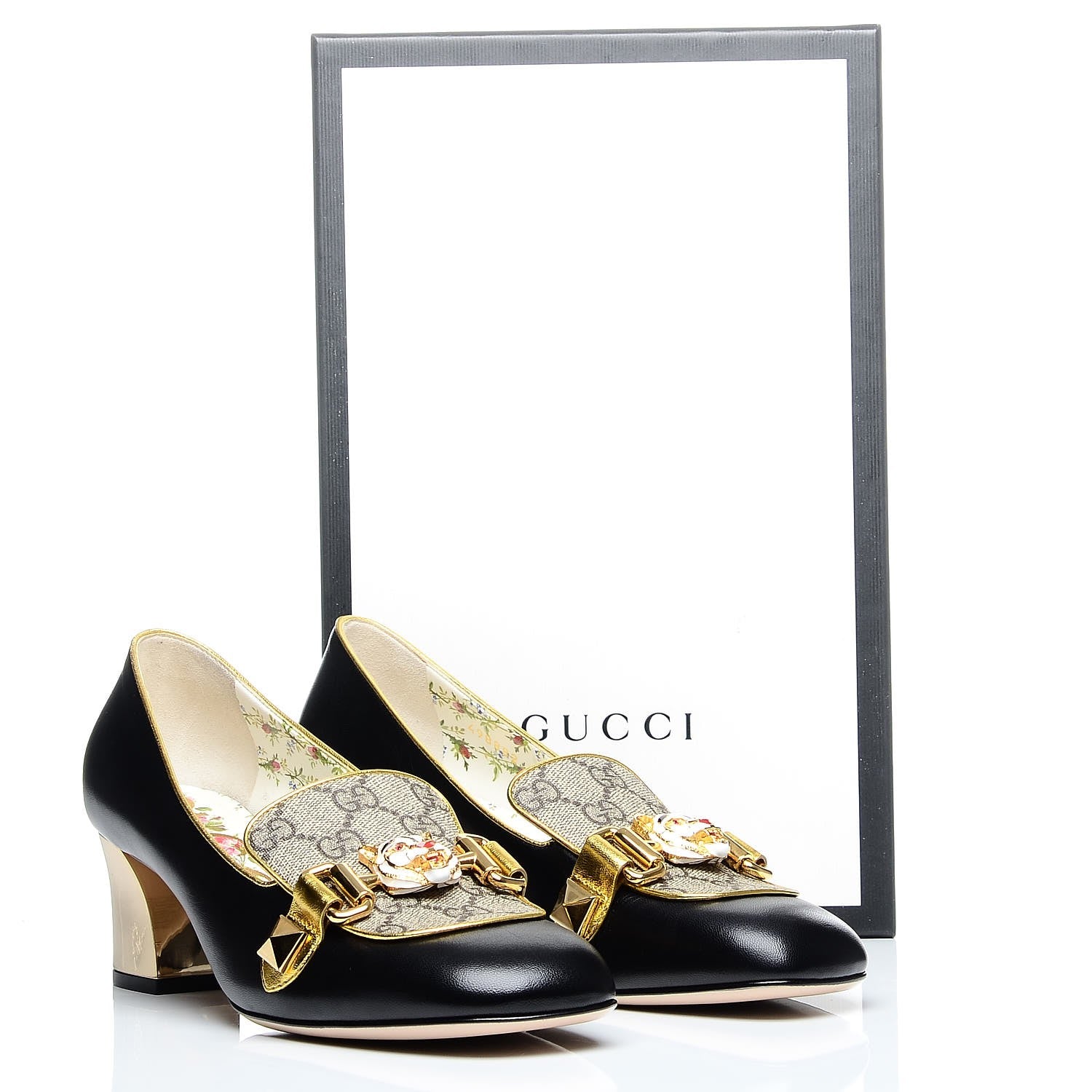 Gucci Malaga Kid Nappa GG Supreme Monogram Tiger Head Mid Heel Loafer Pumps 37 Black Oro Vecchio Beige 10 of 10