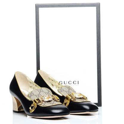 Gucci Malaga Kid Nappa GG Supreme Monogram Tiger Head Mid Heel Loafer Pumps 37 Black Oro Vecchio Beige 10 of 10