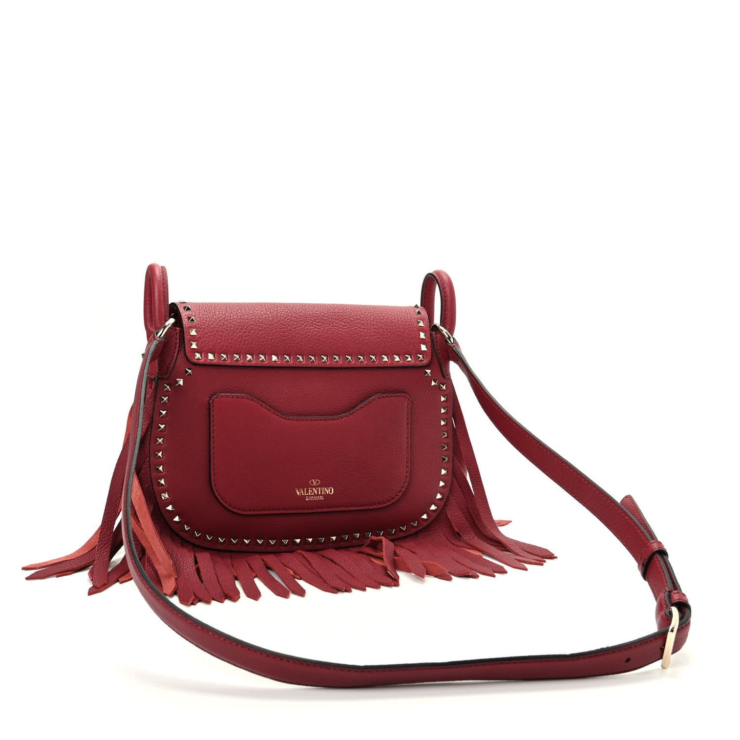 Pebbled Calfskin Rockstud Fringe Messenger Bag Rosso