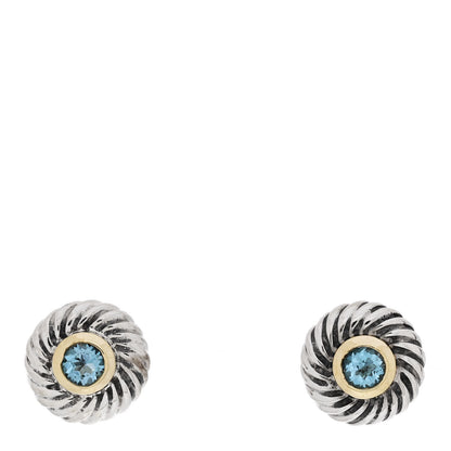 David Yurman Sterling Silver 14K Yellow Gold Blue Topaz Cookie Cable Earrings 1 of 5
