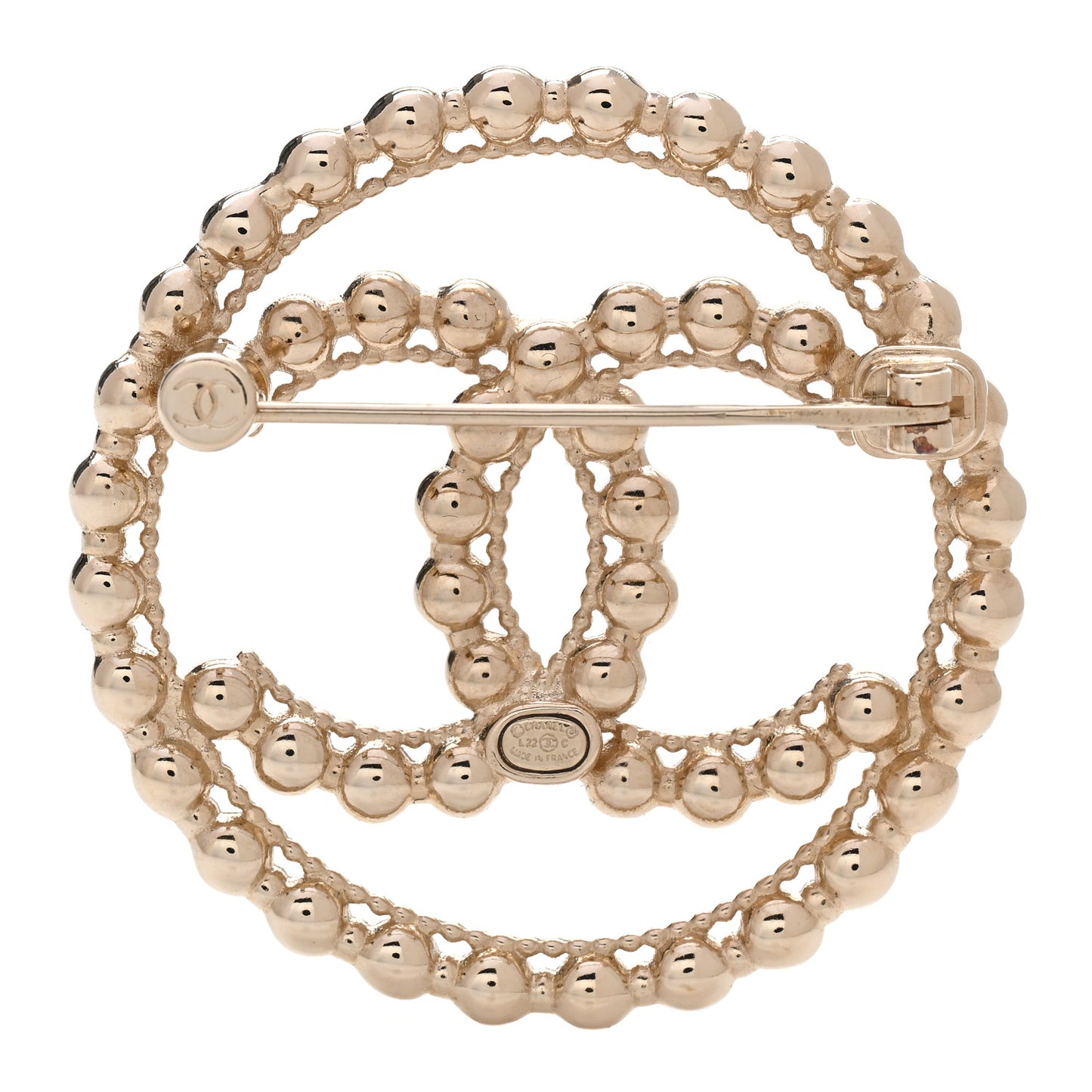 Metal Bead CC Round Brooch Gold