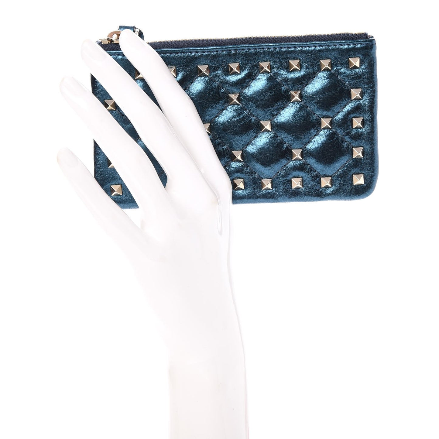 Metallic Wrinkled Lambskin Rockstud Spike Zip Coin Purse Peacock