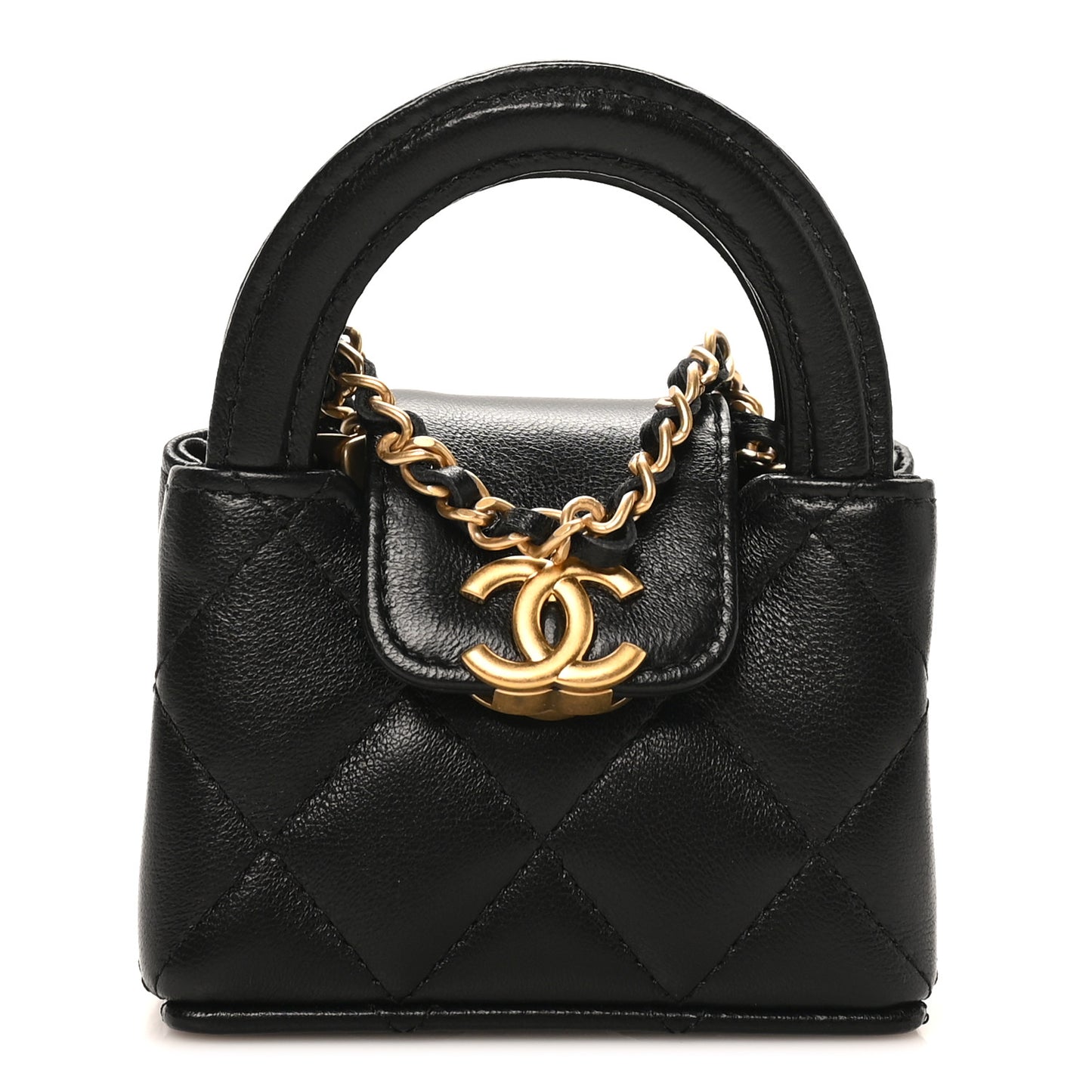 Shiny Lambskin Quilted Mini Kelly Bag Charm Black