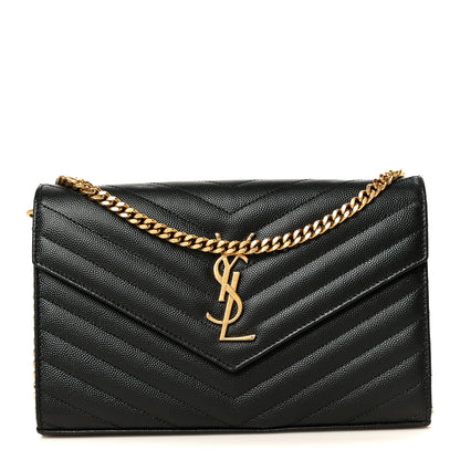 Saint Laurent Grain De Poudre Matelasse Chevron Monogram Chain Wallet Black 1 of 9