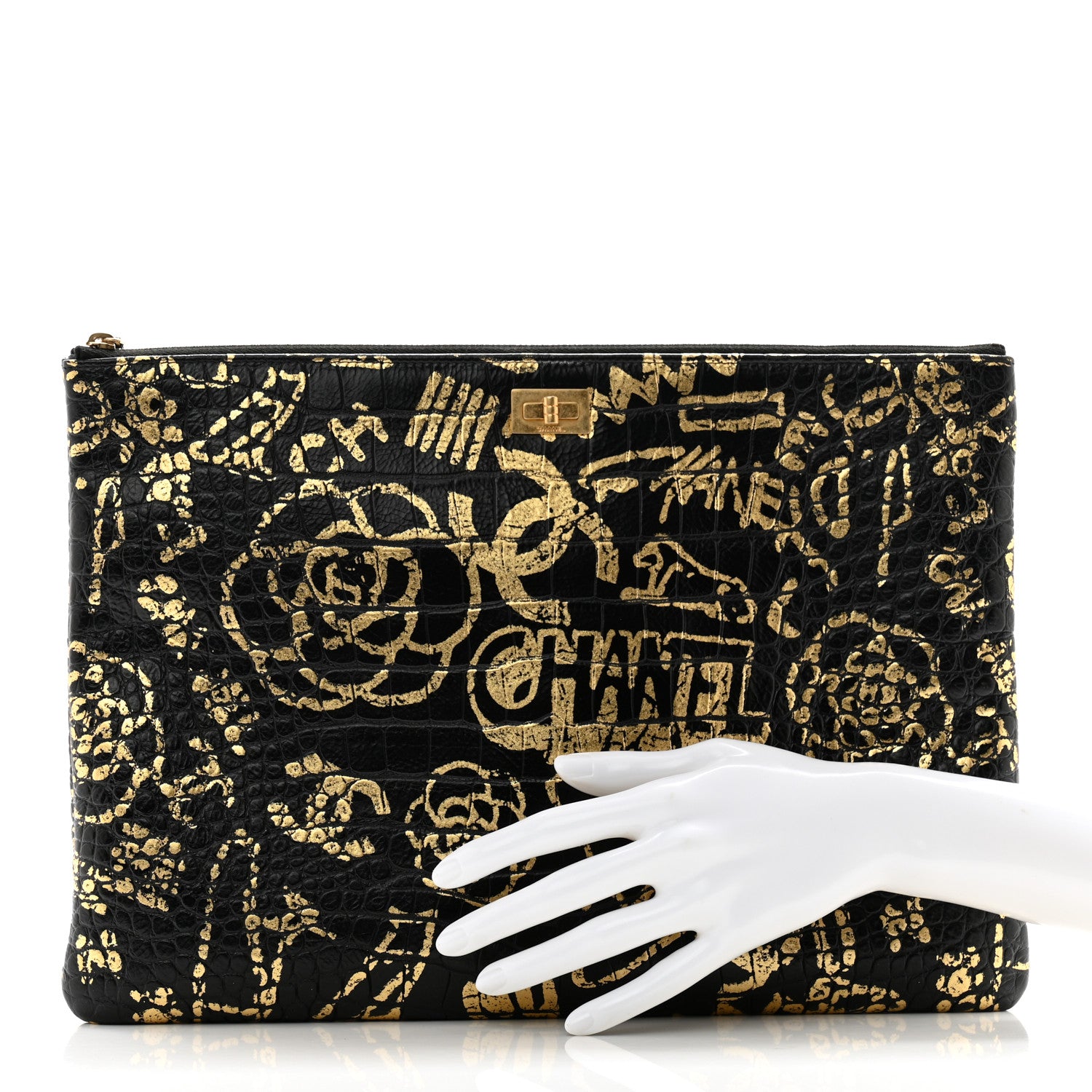 Chanel Calfskin Crocodile Embossed Graffiti 2.55 Large Cocodile Reissue Cosmetic Case Black Gold 2 of 11