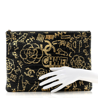 Chanel Calfskin Crocodile Embossed Graffiti 2.55 Large Cocodile Reissue Cosmetic Case Black Gold 2 of 11
