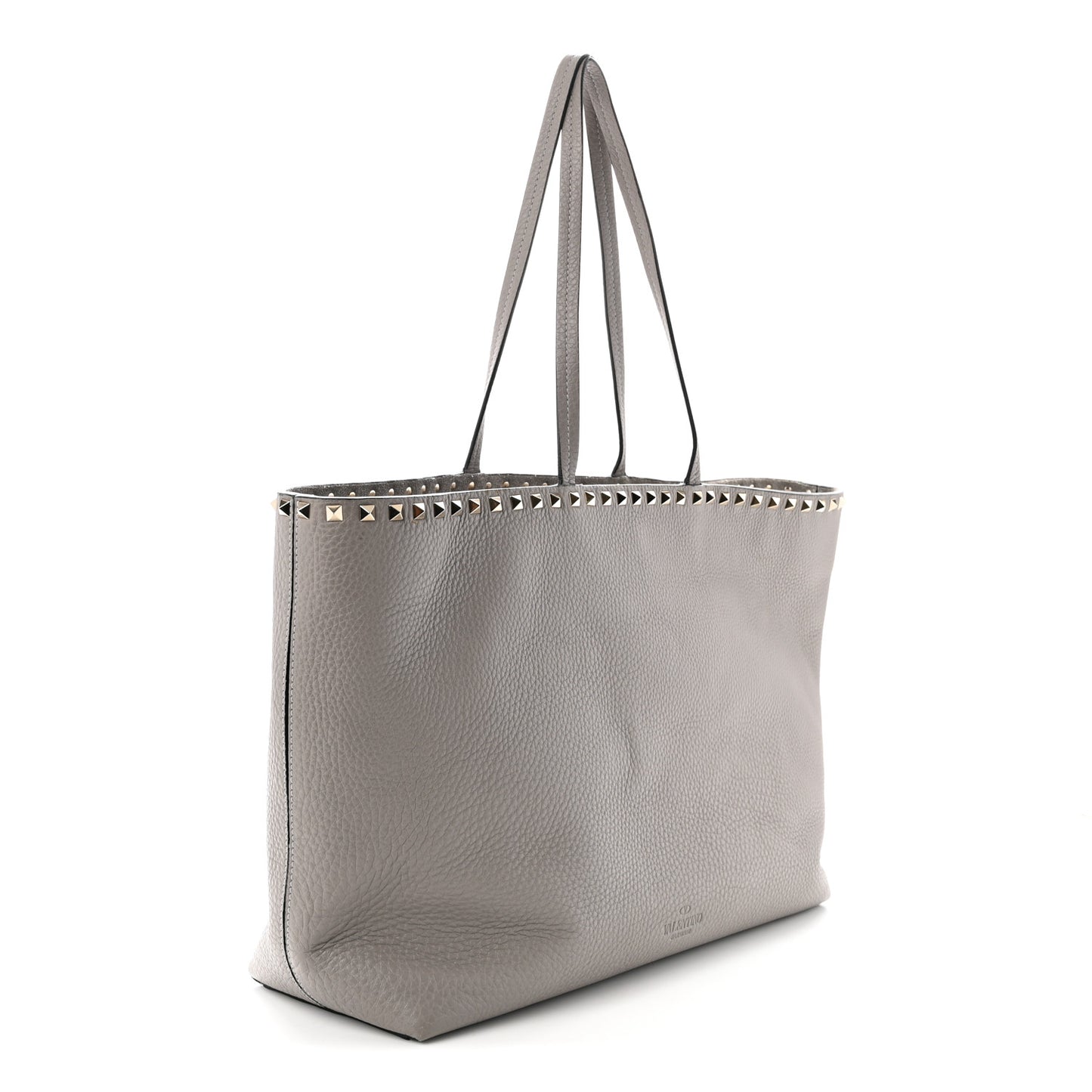 Grained Calfskin Rockstud Shoulder Tote Dove Grey