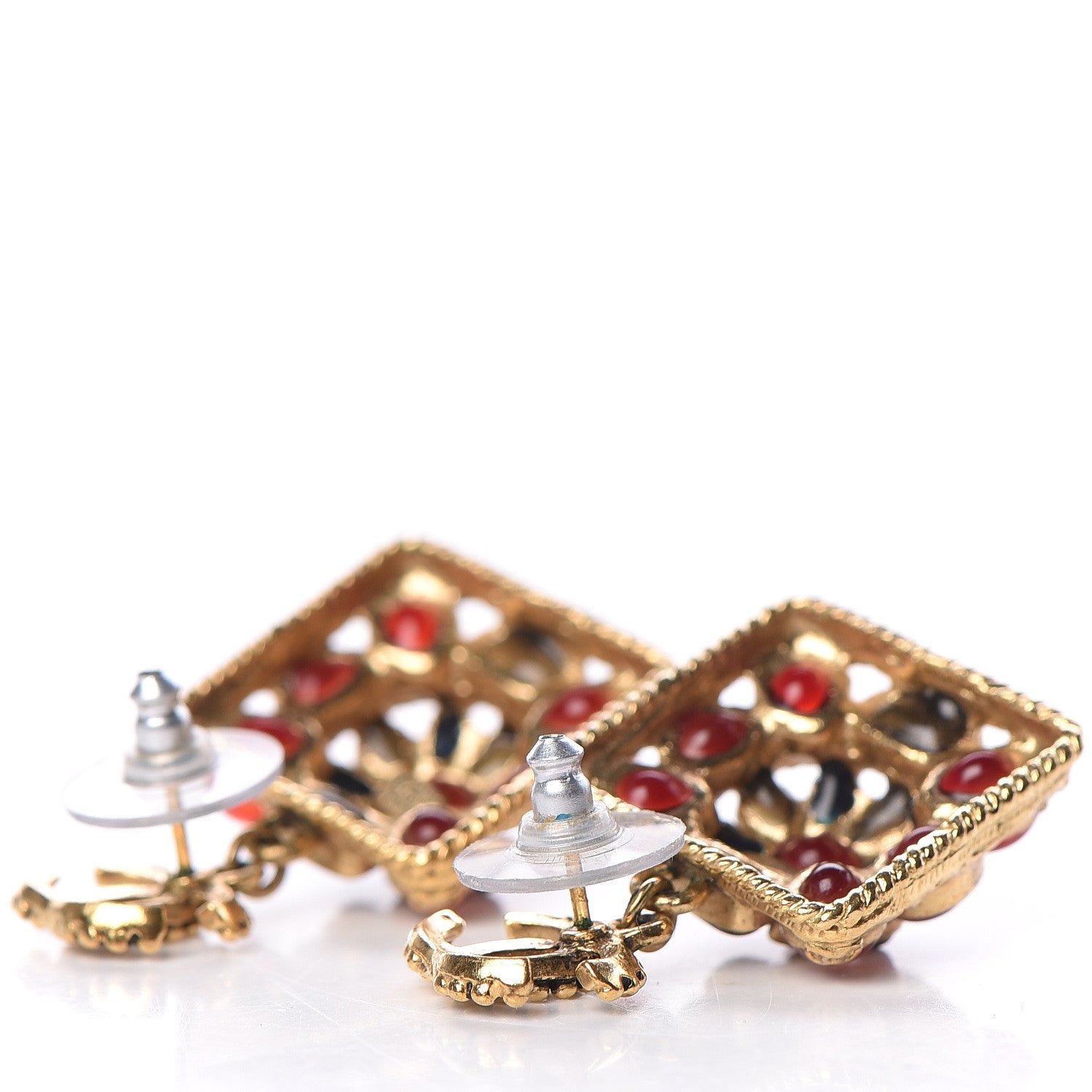 Chanel Gripoix Poured Glass Square CC Drop Earrings Red Blue Gold 3 of 4