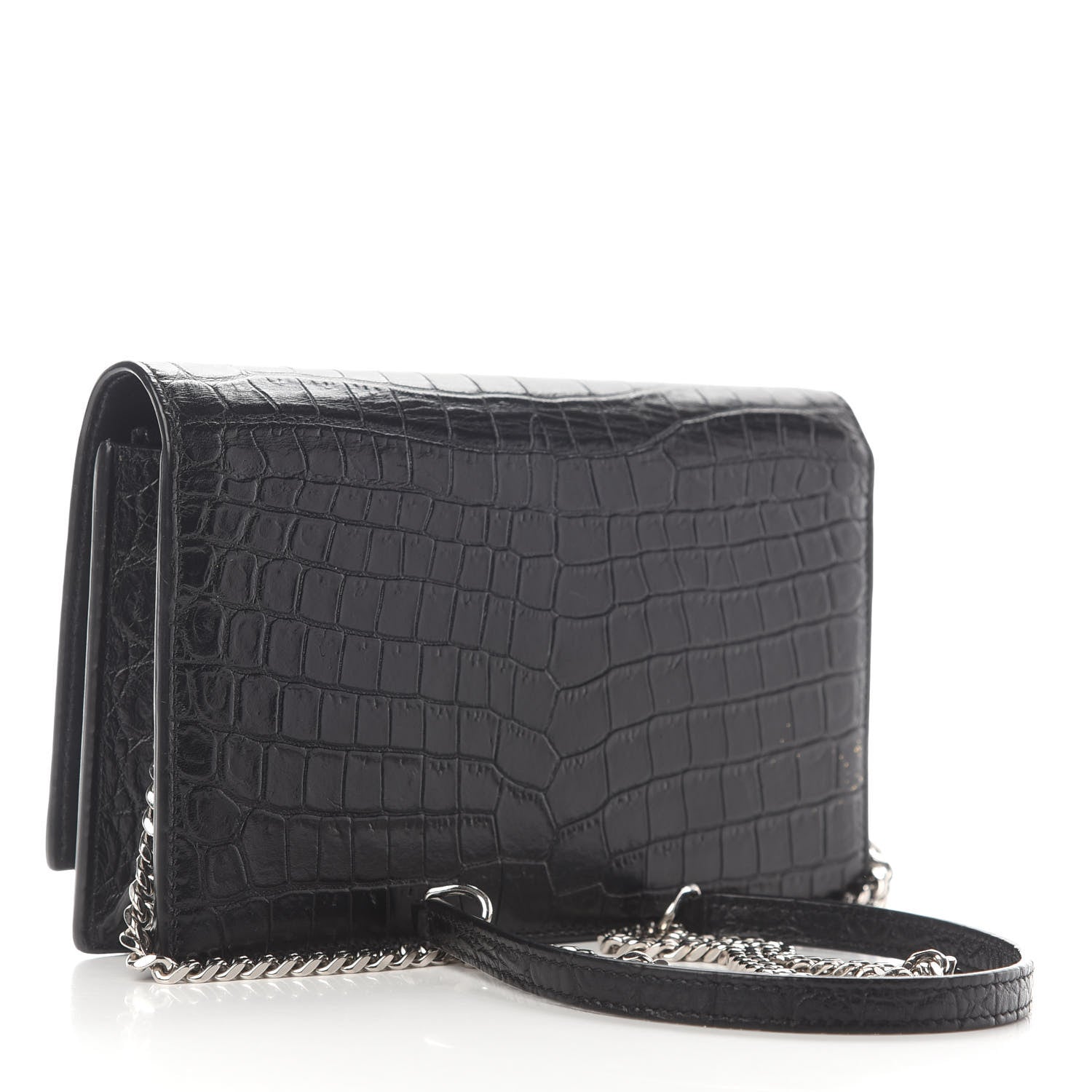 Saint Laurent Calfskin Crocodile Embossed Kate Monogram Tassel Chain Wallet Black 3 of 14