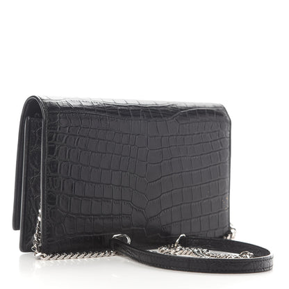 Saint Laurent Calfskin Crocodile Embossed Kate Monogram Tassel Chain Wallet Black 3 of 14