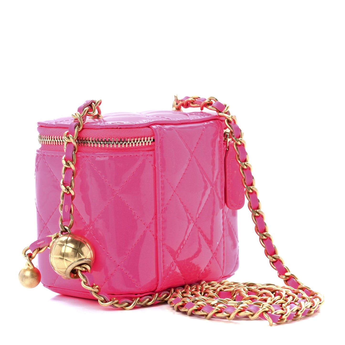 Patent Quilted Pearl Crush Mini Vanity Case With Chain Neon Pink