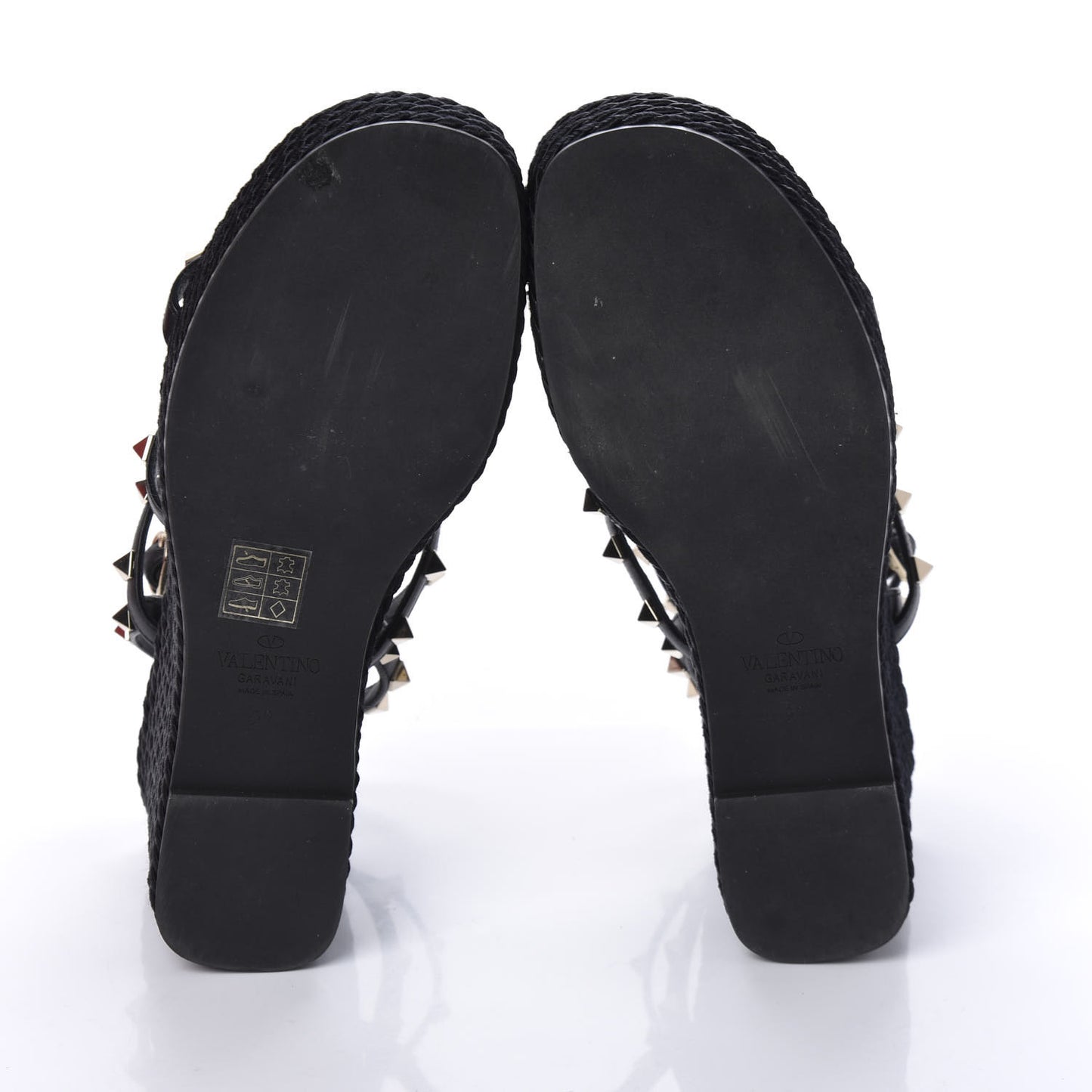 Calfskin Rockstud Ankle Strap Torchon Espadrille Caged 25/95mm Wedge Sandals 37 Black