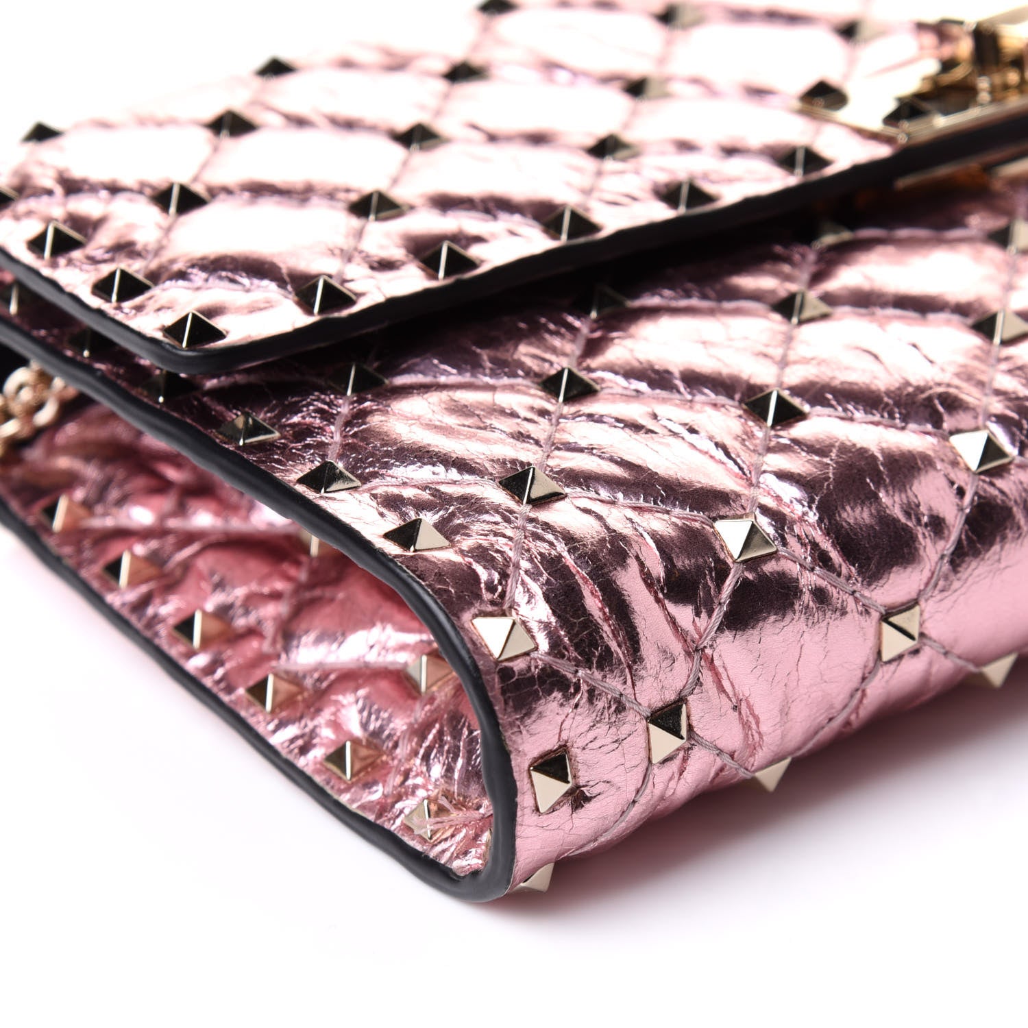 Valentino Garavani Metallic Wrinkled Lambskin Rockstud Spike Wallet on Chain Lipstick 7 of 8