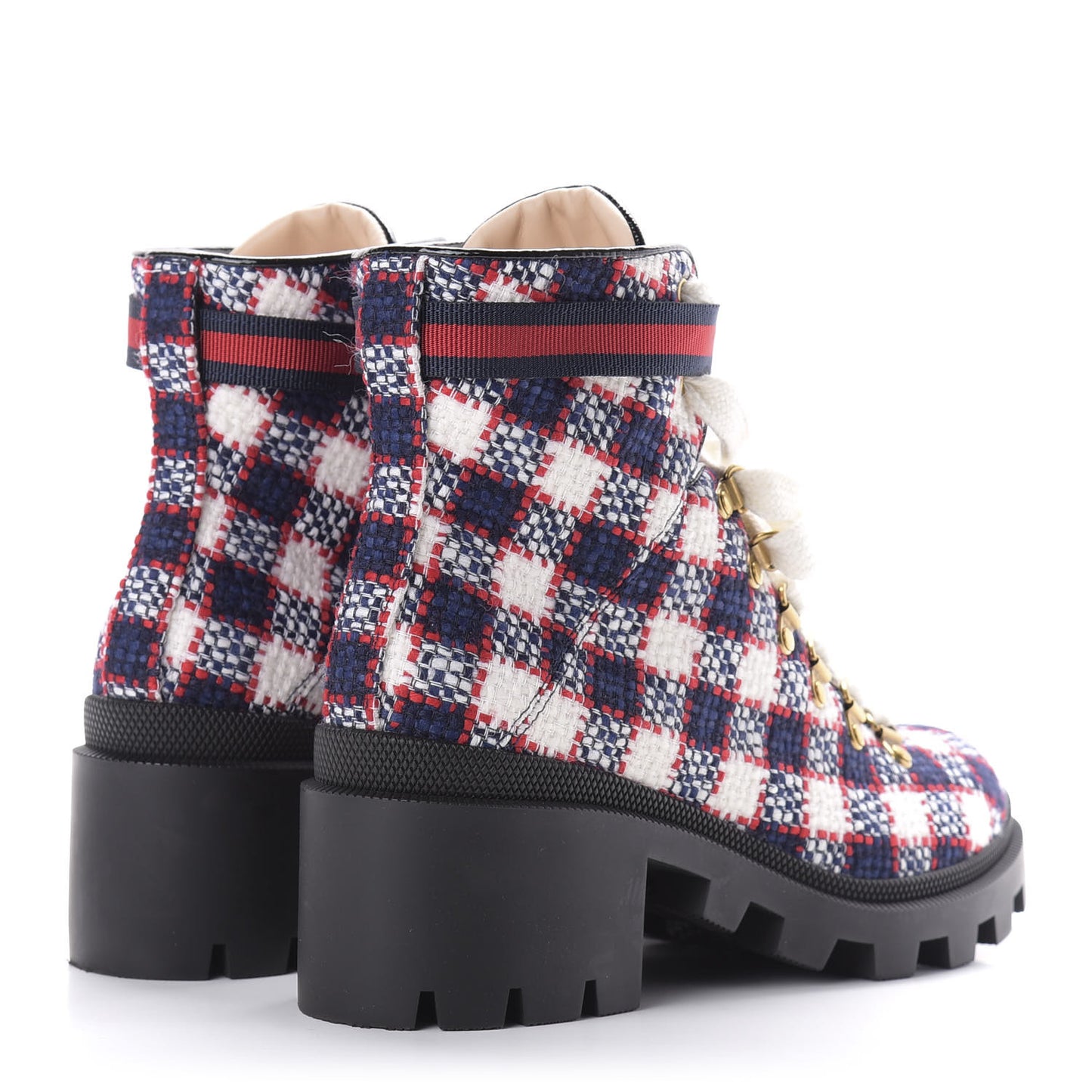 Vintage Tweed Check Lace Up Combat Ankle Boots 40 White Hibiscus Red Marine