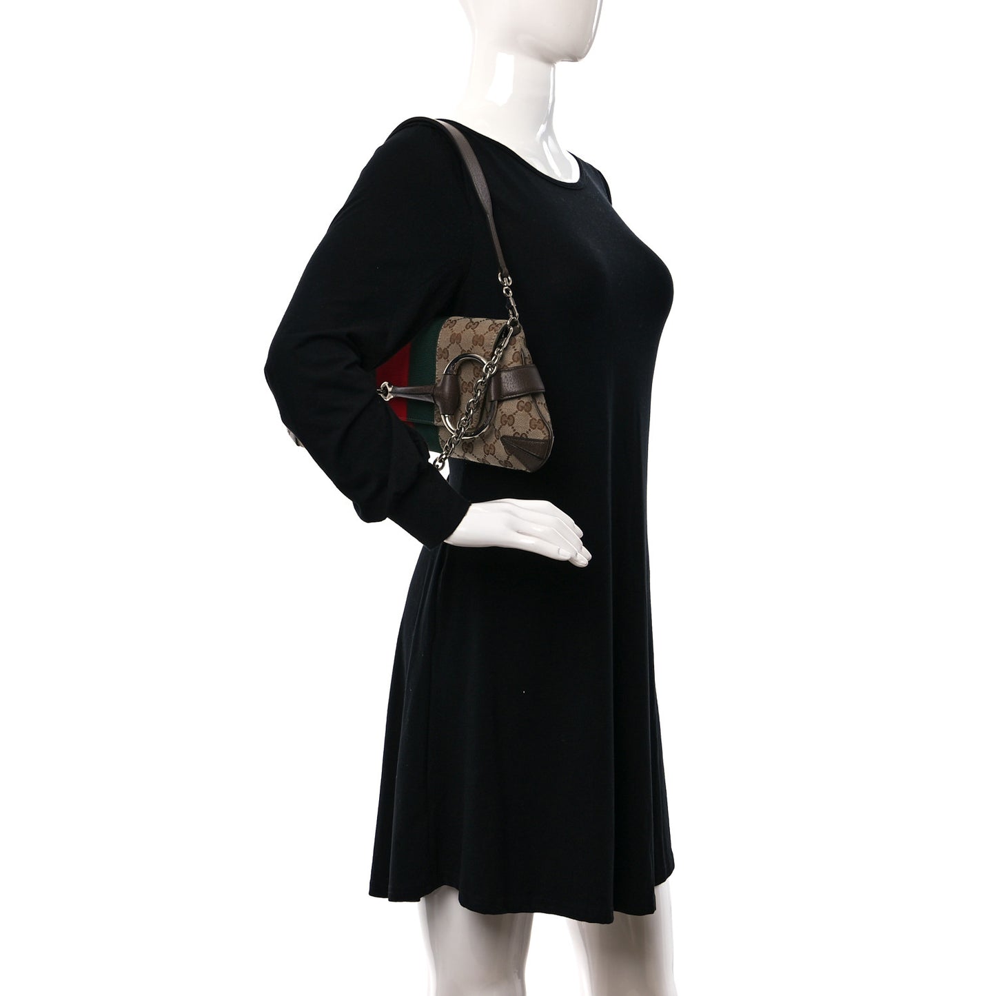 Monogram Textured Dollar Calfskin Heavy Grosgrain Web Medium Maxi Horsebit Chain Shoulder Bag Beige Ebony New Acero