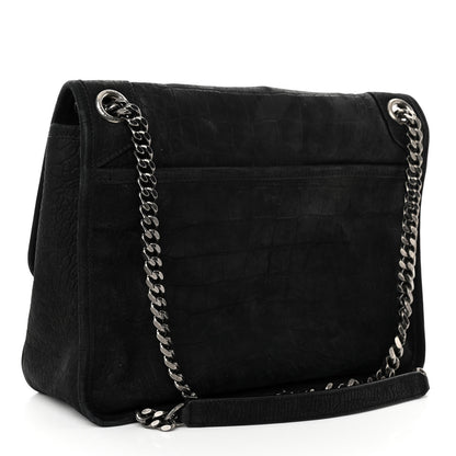 Saint Laurent Nubuck Crocodile Embossed Monogram Medium Niki Chain Satchel Black 3 of 9