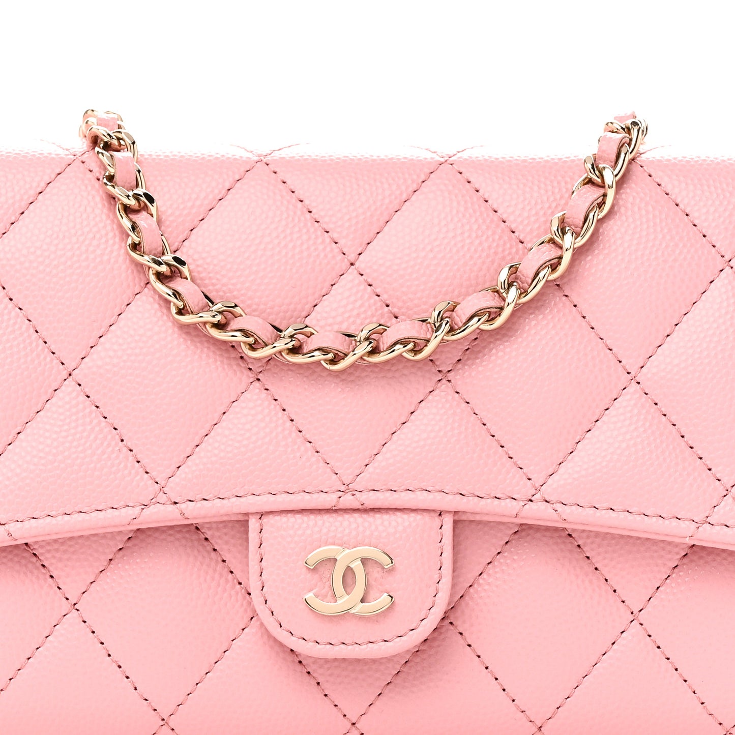 Caviar Quilted Phone Holder Wallet on Removable Chain Pink