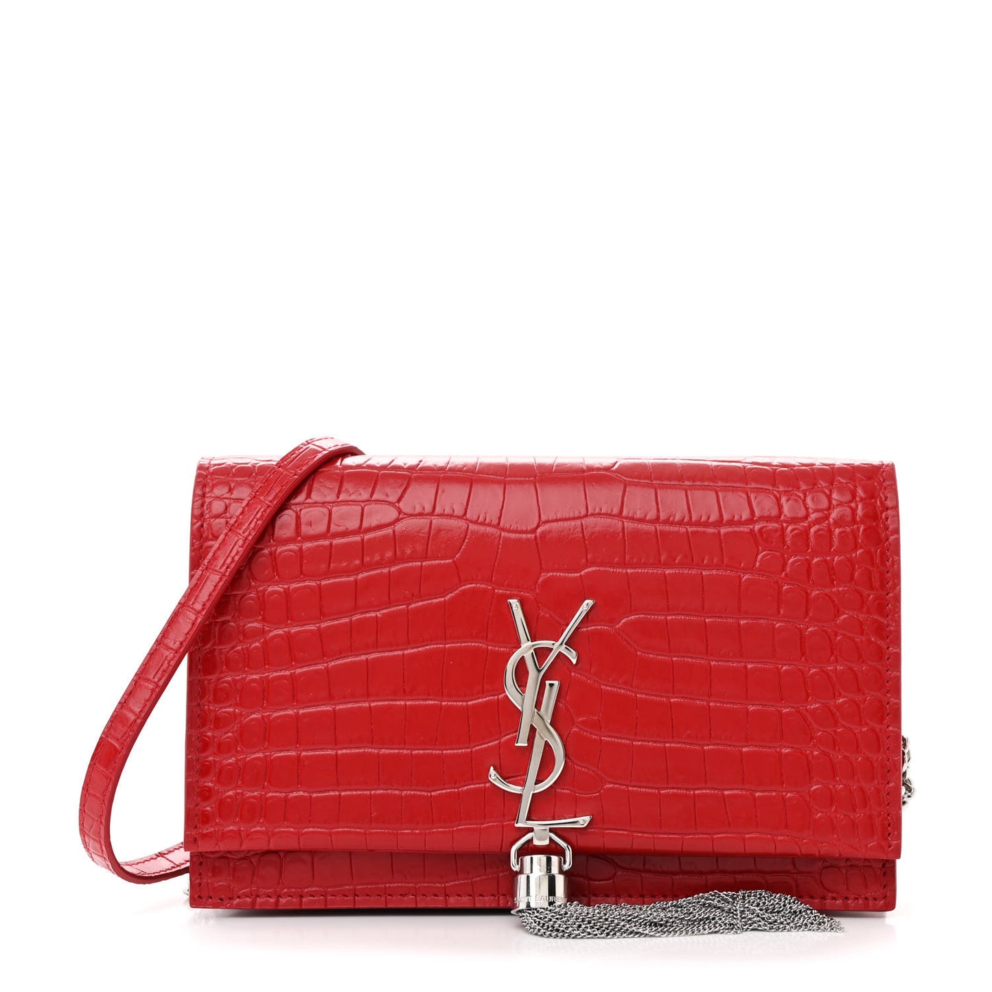 Calfskin Crocodile Embossed Kate Monogram Tassel Chain Wallet Red