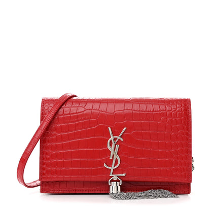 Saint Laurent Calfskin Crocodile Embossed Kate Monogram Tassel Chain Wallet Red 1 of 14