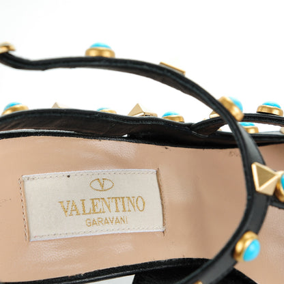 Valentino Garavani Pebbled Calfskin Turquoise Rockstud Rolling Ankle Strap 100mm Pumps 34.5 Black 7 of 8