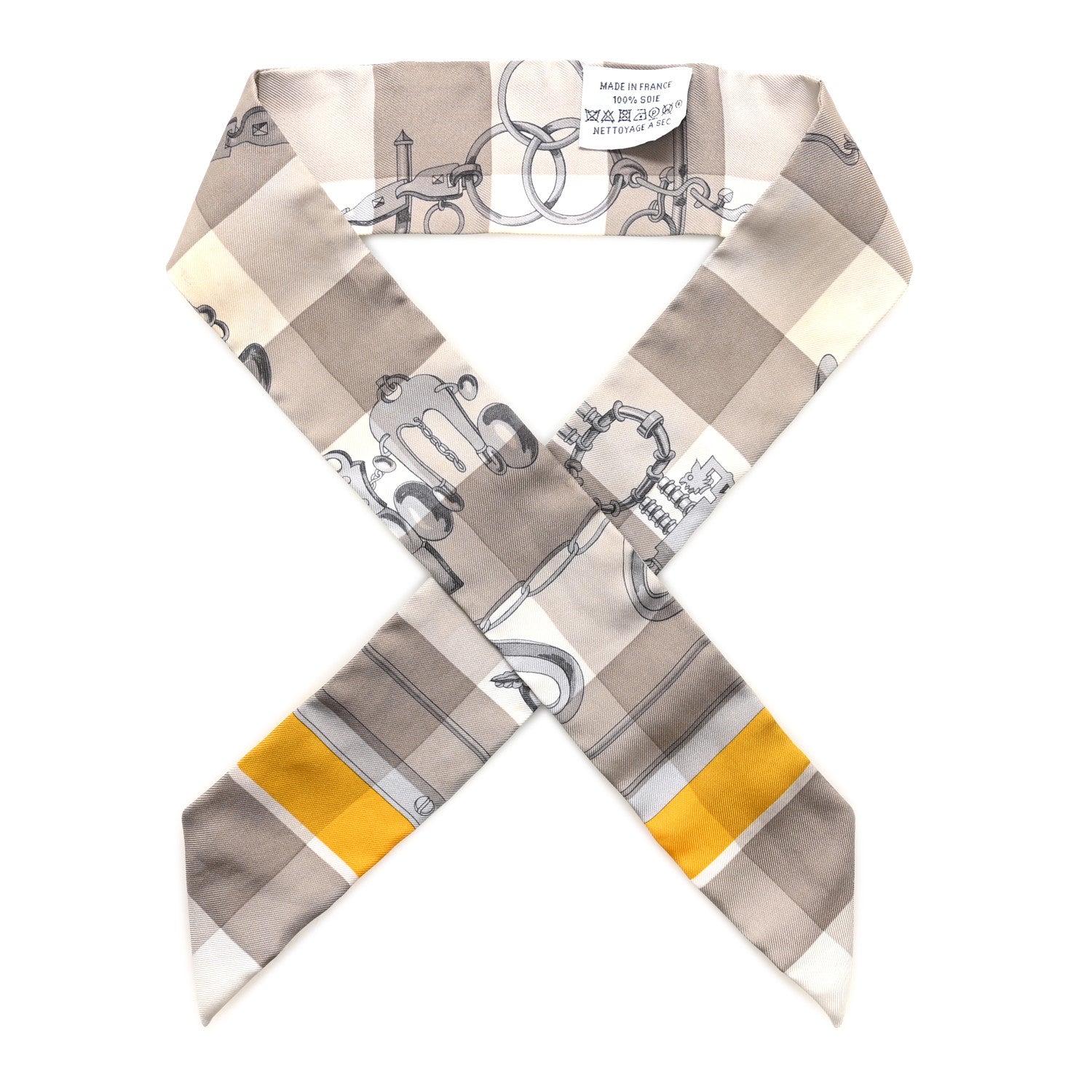 Hermes Silk Mors Et Gourmettes Vichy Twilly Etoupe Jaune Vif White 1 of 6