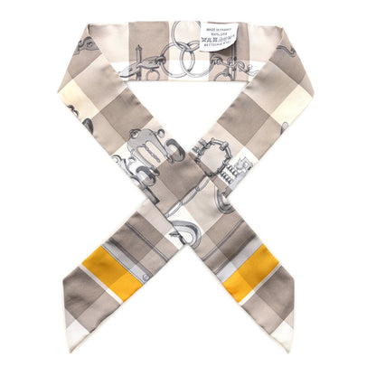 Hermes Silk Mors Et Gourmettes Vichy Twilly Etoupe Jaune Vif White 1 of 6