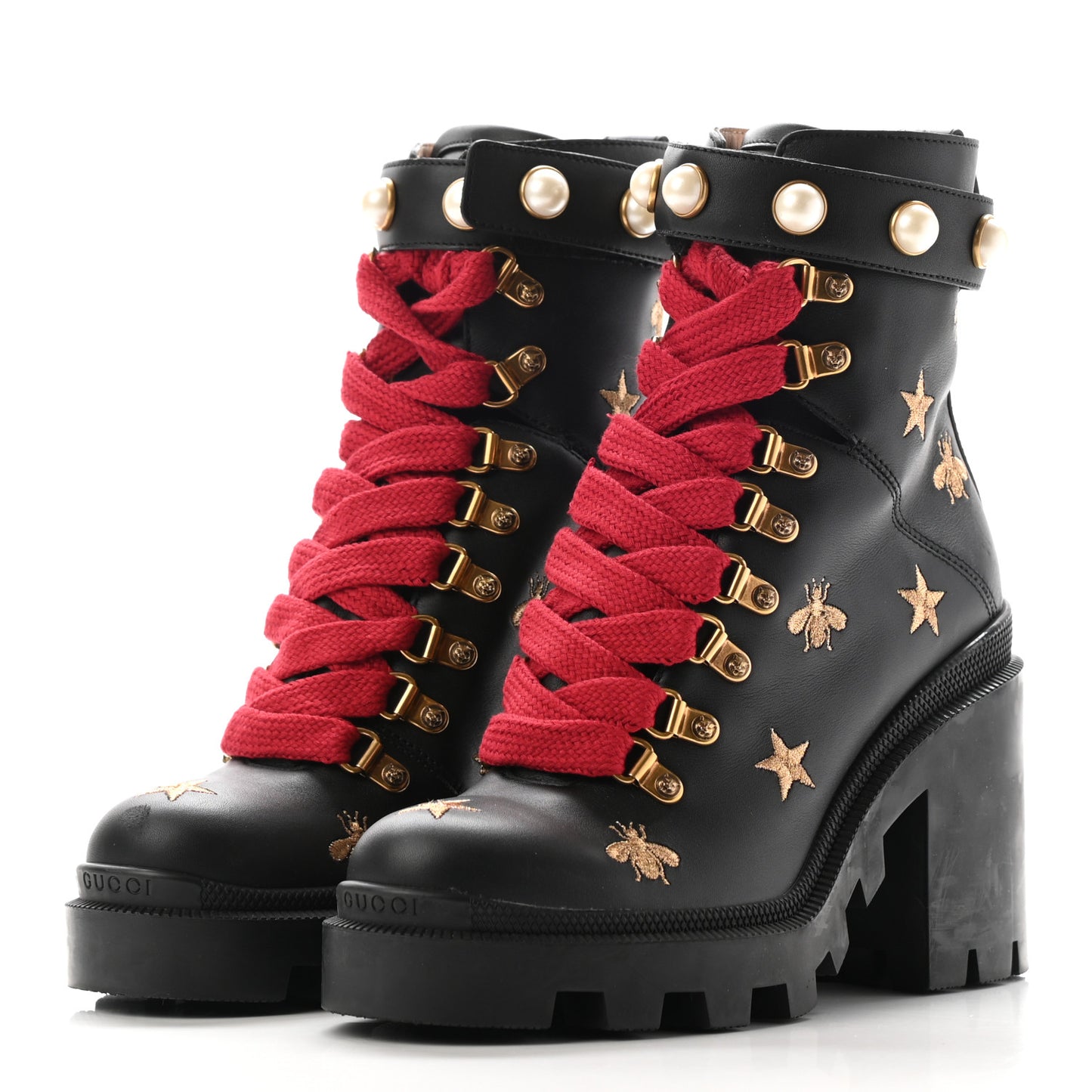 Calfskin Embroidered Lace Up Combat Ankle Boots 36 Black