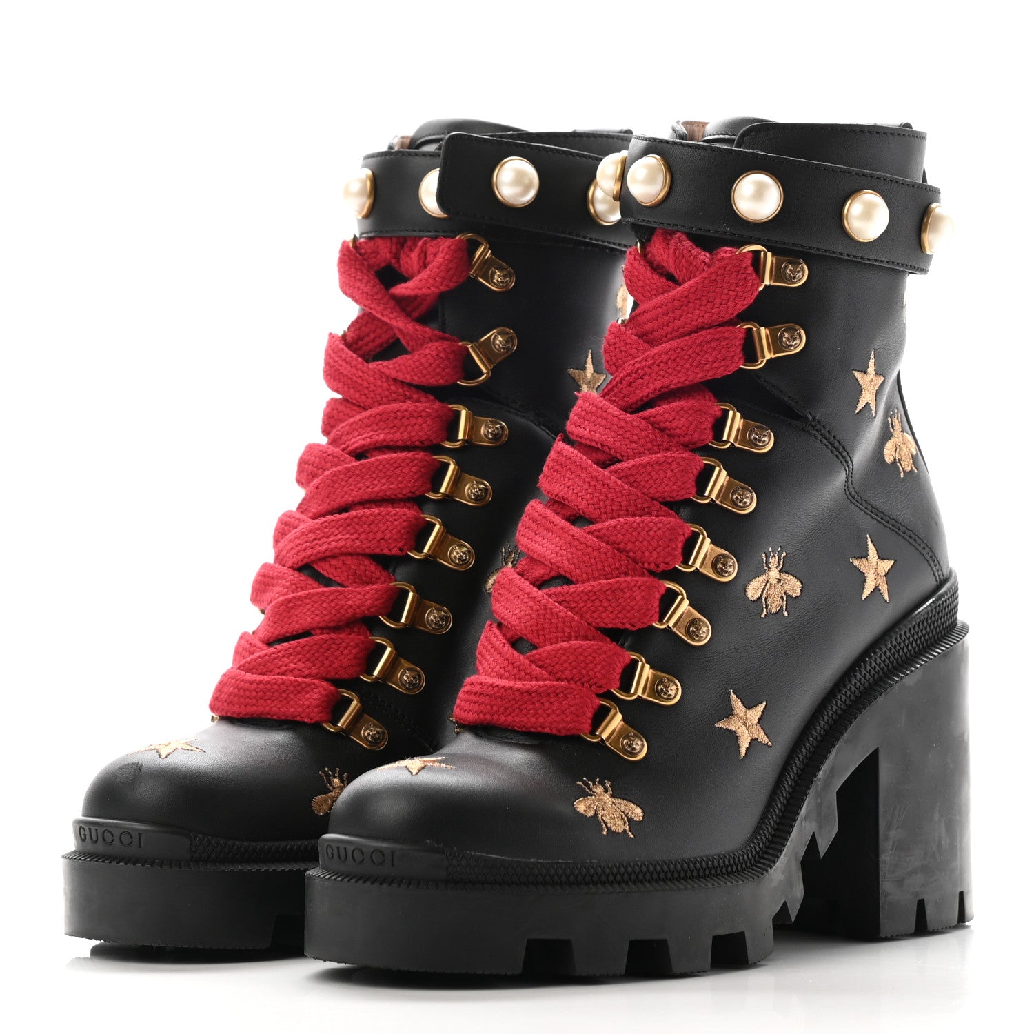 Gucci Calfskin Embroidered Lace Up Combat Ankle Boots 36 Black 3 of 16