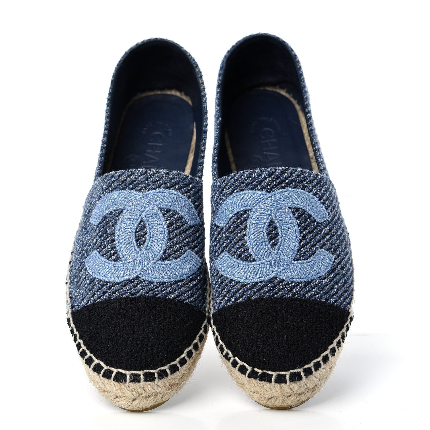 Chanel Cotton Tweed CC Espadrilles 36 Blue Ecru Black 5 of 11