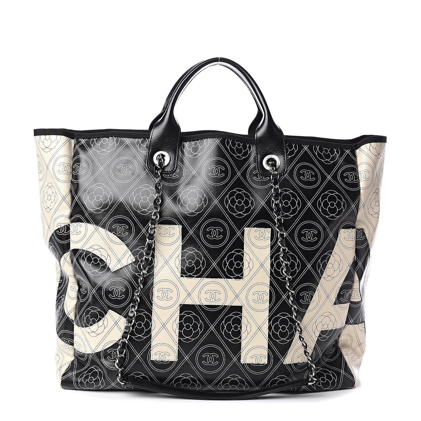 Coated Canvas Camellia Medium Shopping Tote Black Beige