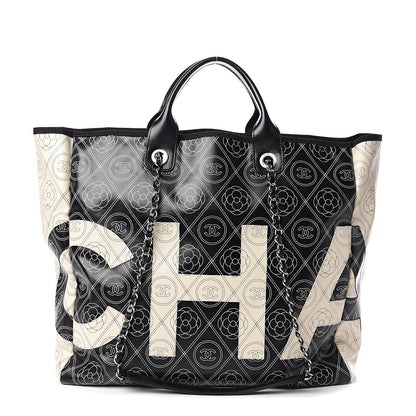 Chanel Coated Canvas Camellia Medium Shopping Tote Black Beige 1 of 9